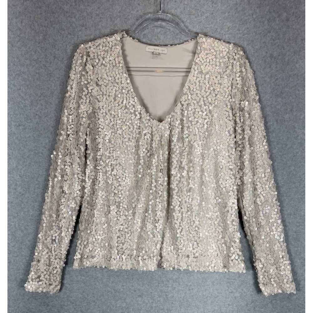 Allison Joy Sweater Womens‎ Small Beige Sequin Long Sleeve Pullover Party Top